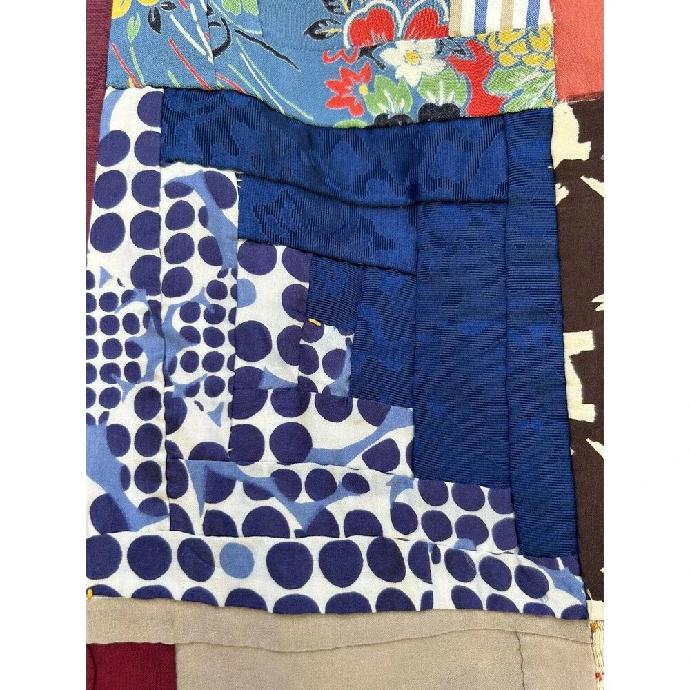 Antique Log Cabin In Rows Quilt Hand Pieced Hand Tied 1930s 40s Silk Rayon
